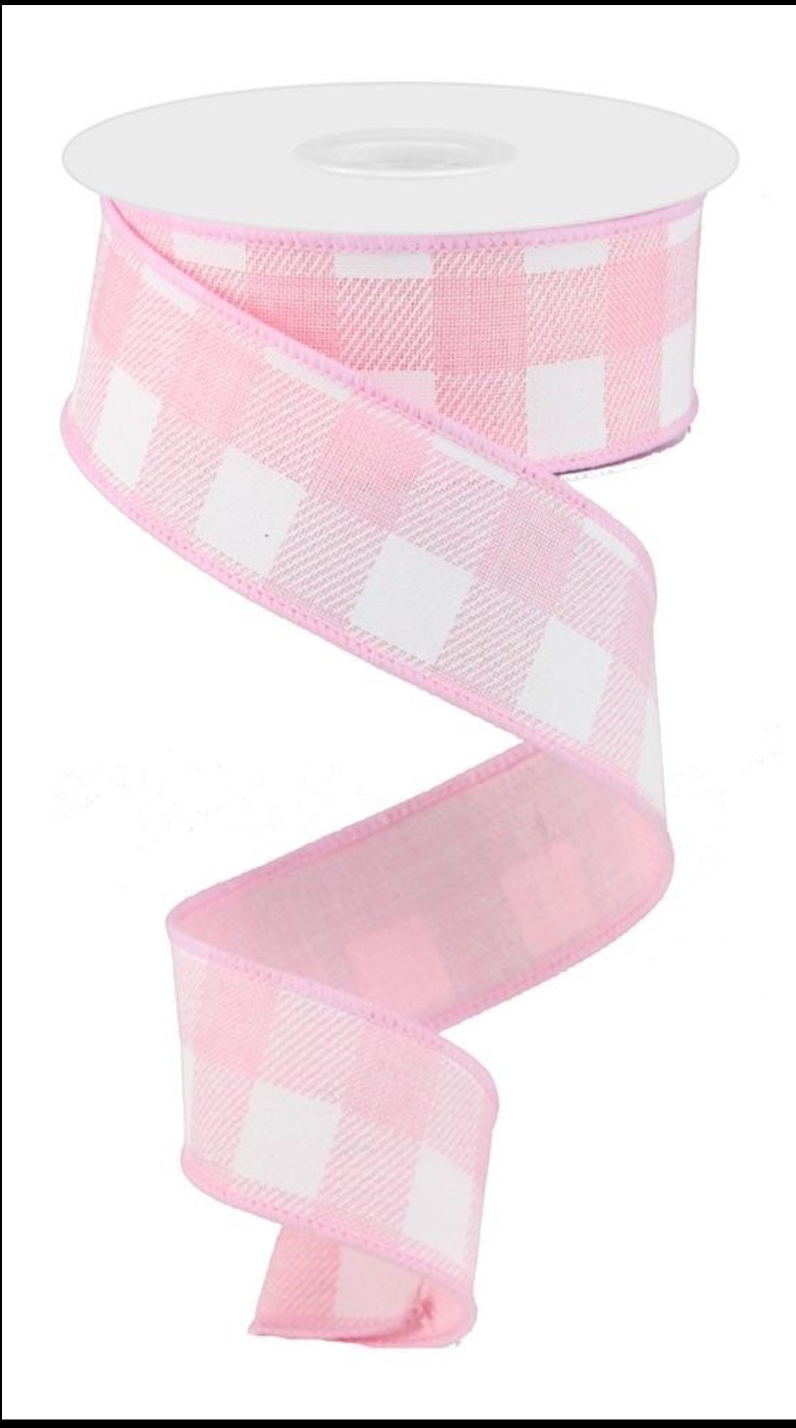 1.5” x 10 yard wired pink and white striped checked ribbon roll, pink and  white check ribbon, RG0179915