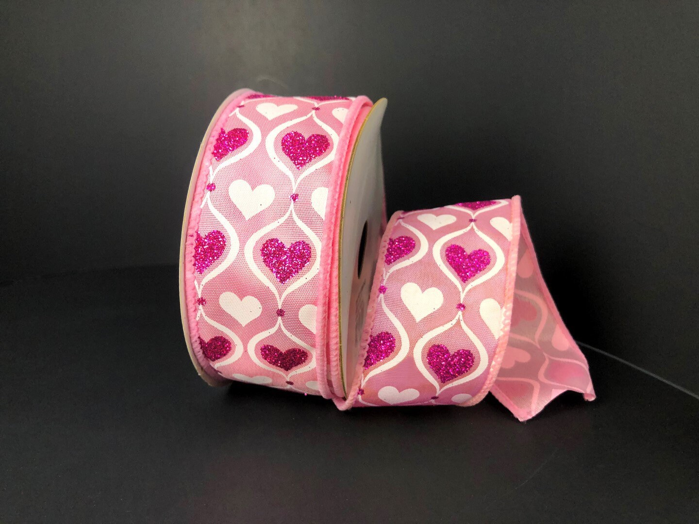 1.5 X 10 YD Wired Valentine Hearts Ribbon, Pink Red and White Valentine  Ribbon, 11006-09-28 