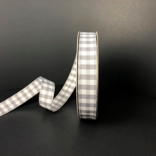 5/8” x 10 yard wired, gray and white check ribbon roll, 5/8” multi color check, .625” mini gingham check, 47101-03-16