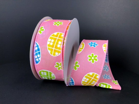 Easter Wired Ribbon * Bunnies * Gingham Trim * Grey, White, Pink