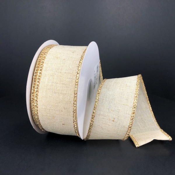 1.5” x 10 yard wired fall ivory canvas with gold metallic edge, neutral ribbon, 71165-09-18