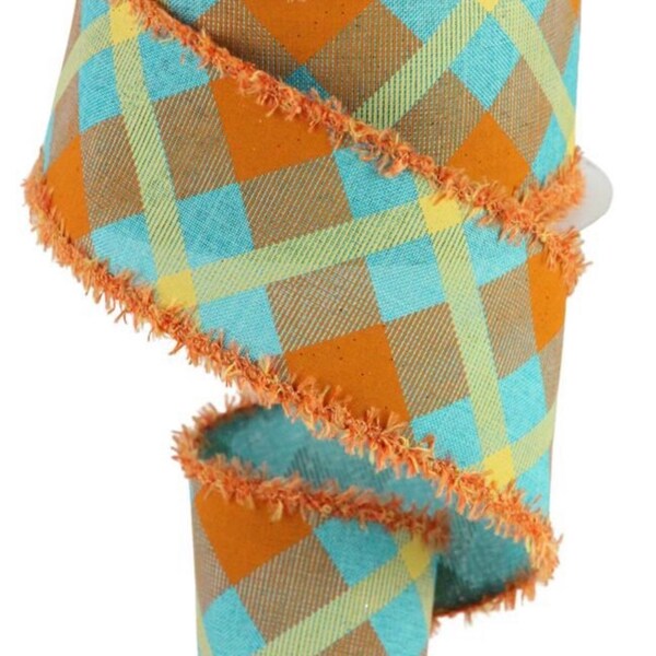 2.5” x 10 yard wired plaid on royal burlap in teal, orange and mustard with drift, RGA8269F3