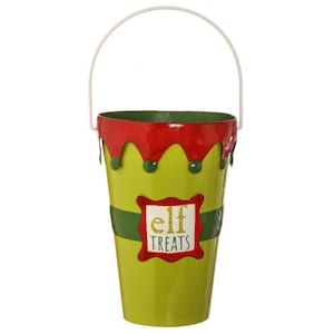 10” metal elf treats pale with handle, metal elf centerpiece container, Christmas flower pot, MTX66402