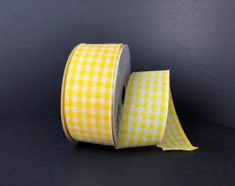 Rollo de cinta de cuadros vichy amarilla con alambre de 1,5" x 10 yardas, Q732409-02