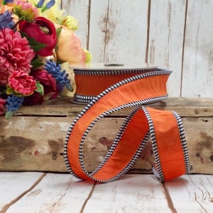 2,5 x 10 yard bedrade oranje faux dupion met zwart-wit geruite rand d.Stevens-lint, dStevens, d. Stevens-lint, 87-1267