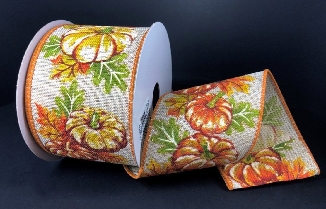 Fall Pumpkins  Wired Ribbon By the Roll 2.5 x 10 Yards 61001-40-27