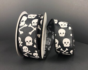 1.5” x 10 YD wired black satin with white skulls & crossbones halloween ribbon, 58201-09-21