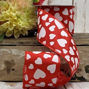 2.5&quot; x 10yds Wired linen white hearts, true red hearts d.Stevens ribbon, Valentine d. Stevens ribbon, 09-4320
