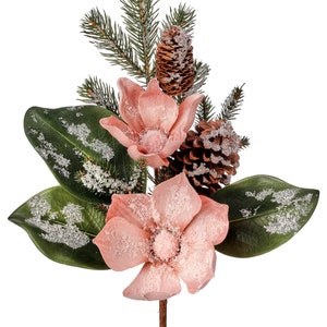 19” snowy magnolia and pine spray, pink magnolia winter pick, MTX71331-BLPK