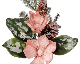 19” snowy magnolia and pine spray, pink magnolia winter pick, MTX71331-BLPK