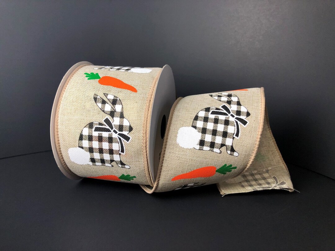 2.5” X 10 YD Wired Natural Bunny Ribbon, Black & White Check Ribbon ...