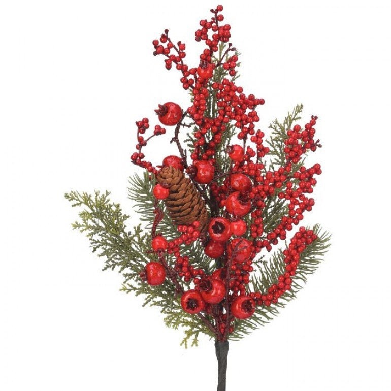 13” Glitter Berry/Cedar/Pinecone Pick Christmas Spray