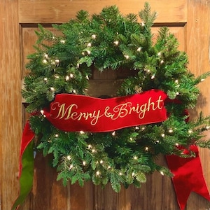 6” x 70” Wired Velvet Merry Christmas banner, Red velvet banner with with green embroidery d.Stevens banner, d. Stevens, 18-2592