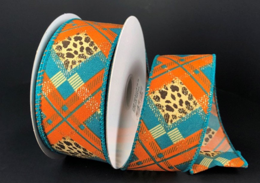 1.5” X 10 YD Wired Turquoise, Orange & Leopard Plaid Ribbon