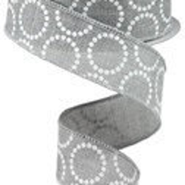 1.5" x 10 YD wired gray ribbon with white bead circles, RG0130510