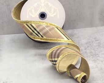 2.5" x 10yds wired dupion plaid in brown & gold d. Stevens ribbon, dStevens holiday plaid, 05-1425