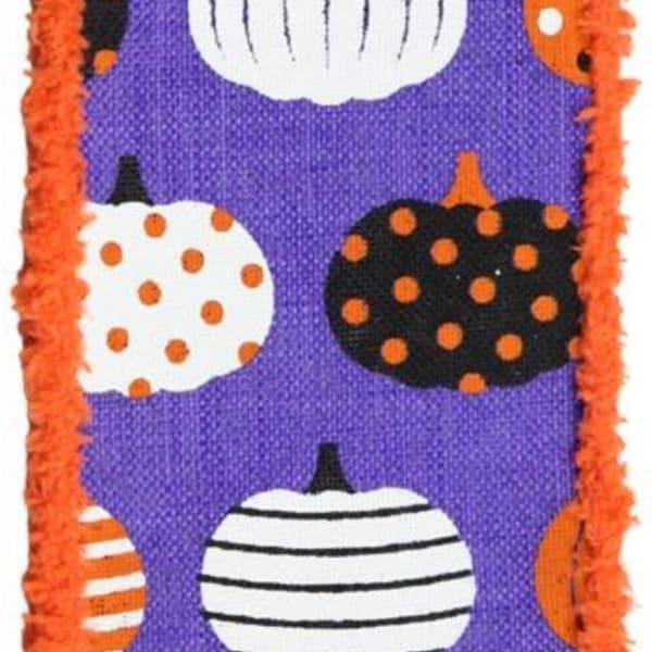 2.5” x 10 yard wired pumpkins on purple with orange fuzzy edges on royal burlap ribbon, RGA815423