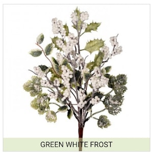 May include: A white frosted berry sprig with green leaves. The sprig is perfect for adding a touch of winter to your home decor.