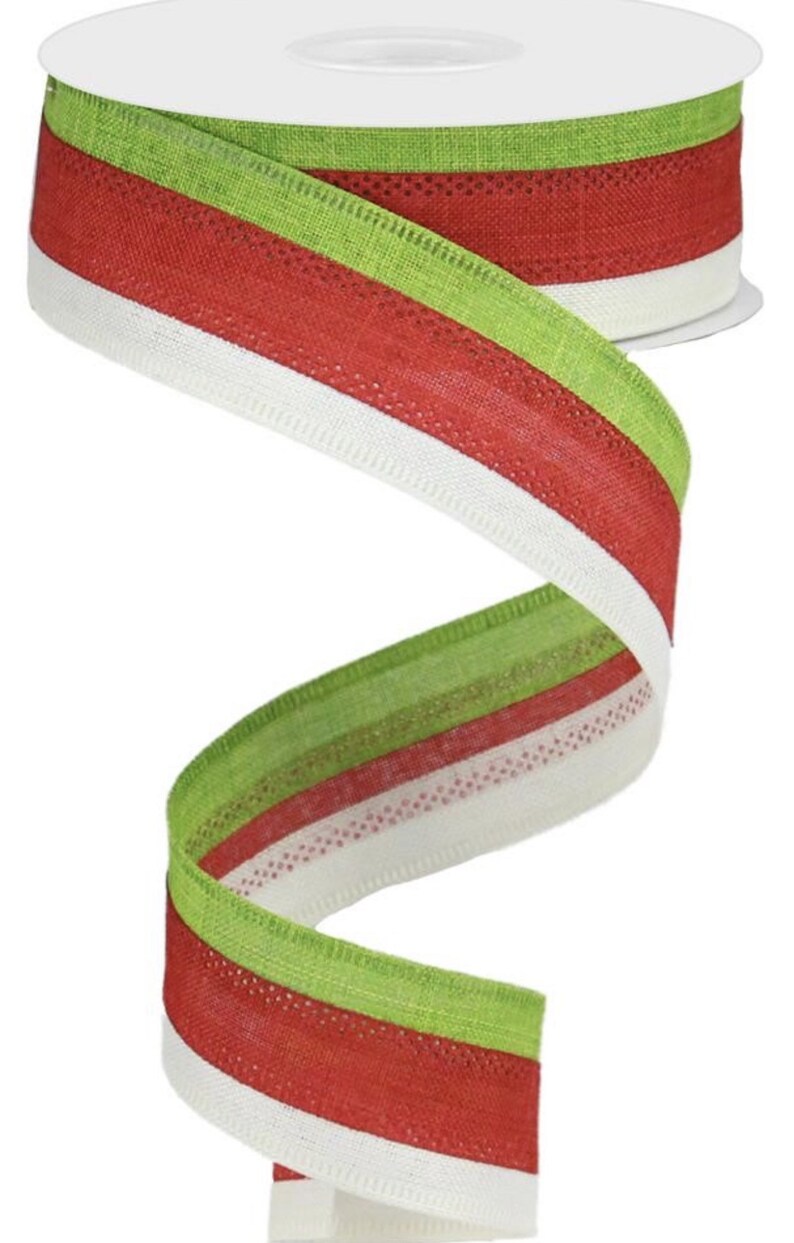 1.5\u201d x 10 yard wired Christmas red white and green striped on royal burlap ribbon RG016016T