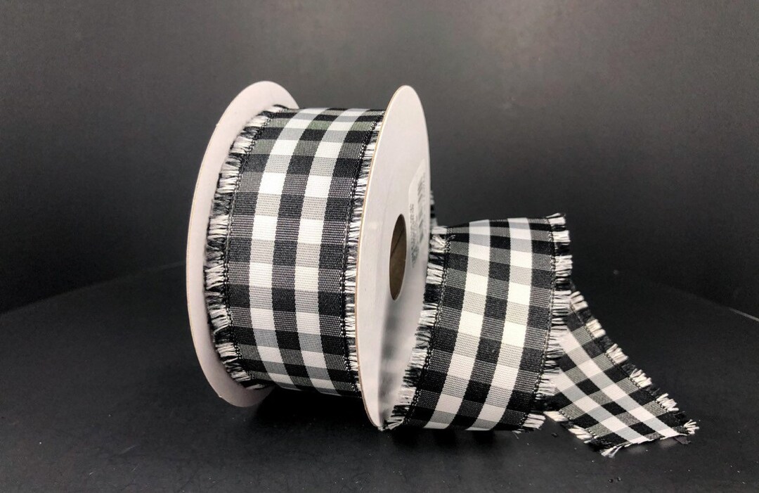 1.5 X 10 YD Wired Black & White Check With Fringe Edge Ribbon, 77106-09 ...