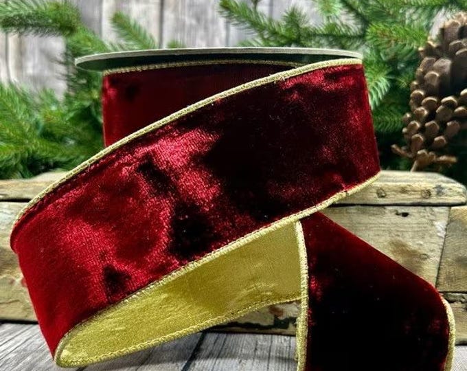 2.5” X 10 Yard Wired Ruby Velvet With Gold Back Ribbon, Burgundy Red D ...