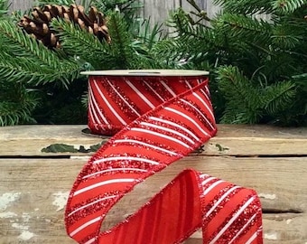 1.5" x 10 yard WIRED, Red Satin with diagonal red glitter and white stripes,  d.Stevens ribbon, 09-4671