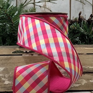 2.5&quot; x 10yds Wired dupion diagonal plaid, hot pink d.Stevens ribbon, d. Stevens ribbon, 87-1087