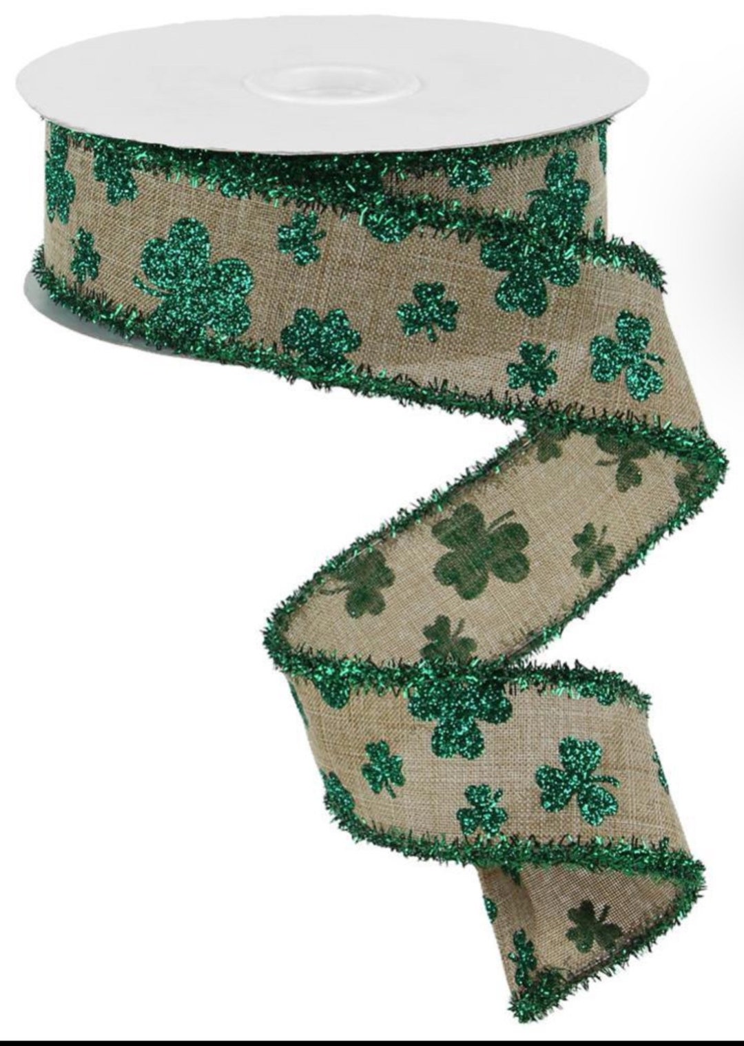 1.5” X 10 YD Wired Natural Linen With Glitter Shamrocks and Tinsel ...