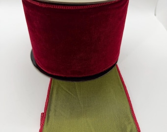 4" x 10 yards WIRED, Red Orleans velvet with green taffeta back, d.Stevens ribbon, 18-2230