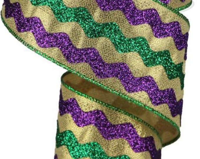 Purple Holographic Ric Rac 2.5” X 10 Yard Wired Mardi Gras Purple Gold and Green Ric Rac Ribbon on ...