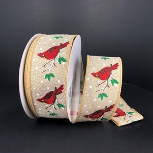 10 Yards - 2.5” Wired Snowy Red Cardinal Winter Ribbon with Gold Glitter  Accent