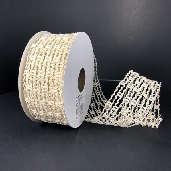 1.5” x 10 yard wired fall ivory jute window pane ribbon, EXPANDABLE ivory jute, 7701809-18