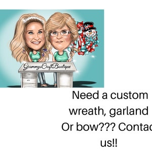 Puede incluir: Ilustraci&oacute;n de dos mujeres con el texto "Grammy's Craft Boutique." La imagen incluye el texto "&iquest;Necesitas una corona, guirnalda o lazo personalizados? &iexcl;Cont&aacute;ctanos!!" El fondo es de color verde azulado claro.