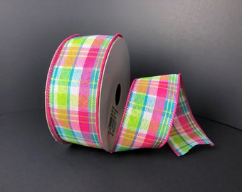 1.5” x 10 YD wired Yellow, turquoise blue and pink plaid ribbon, 41009-09-39