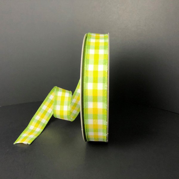 5/8” x 10 yard wired, yellow and green check ribbon roll, 5/8” multi color check, .625” mini gingham check, 47104-03-01