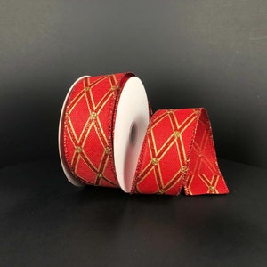 1.5” x 10 yard wired red linen with gold Diamond ribbon, red Diamond ribbon, 71233-09-15