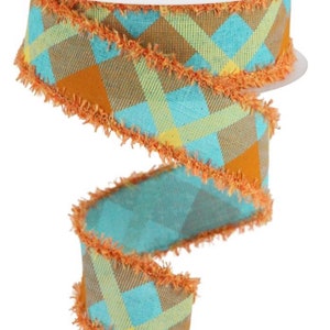 1.5” x 10 yard wired plaid on royal burlap in teal, orange and mustard with drift, RGA8268F3