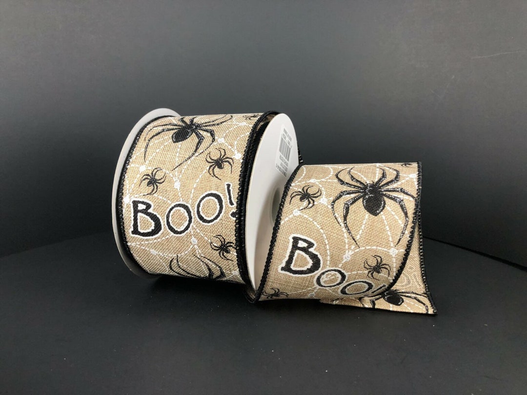 Spider Ribbon 2.5” X 10 Yard Wired Spiderwebs Halloween Ribbon on Natural Linen ...