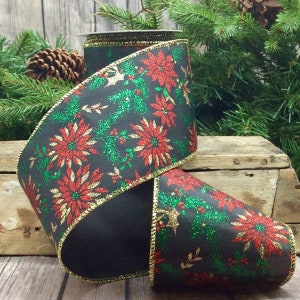 4&quot; x 10yds Wired satin with glitter poinsettias d.Stevens ribbon, holiday d. Stevens, 09-4644