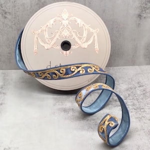 1&quot; x 10yds Wired blue velvet with scroll trim, dusty blue d.Stevens ribbon, dStevens, 05-1271