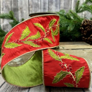 4" x 5 yds Wired faux dupion embroidered holly leaves & berries d. Stevens ribbon, holiday d.Stevens ribbon, 87-1352