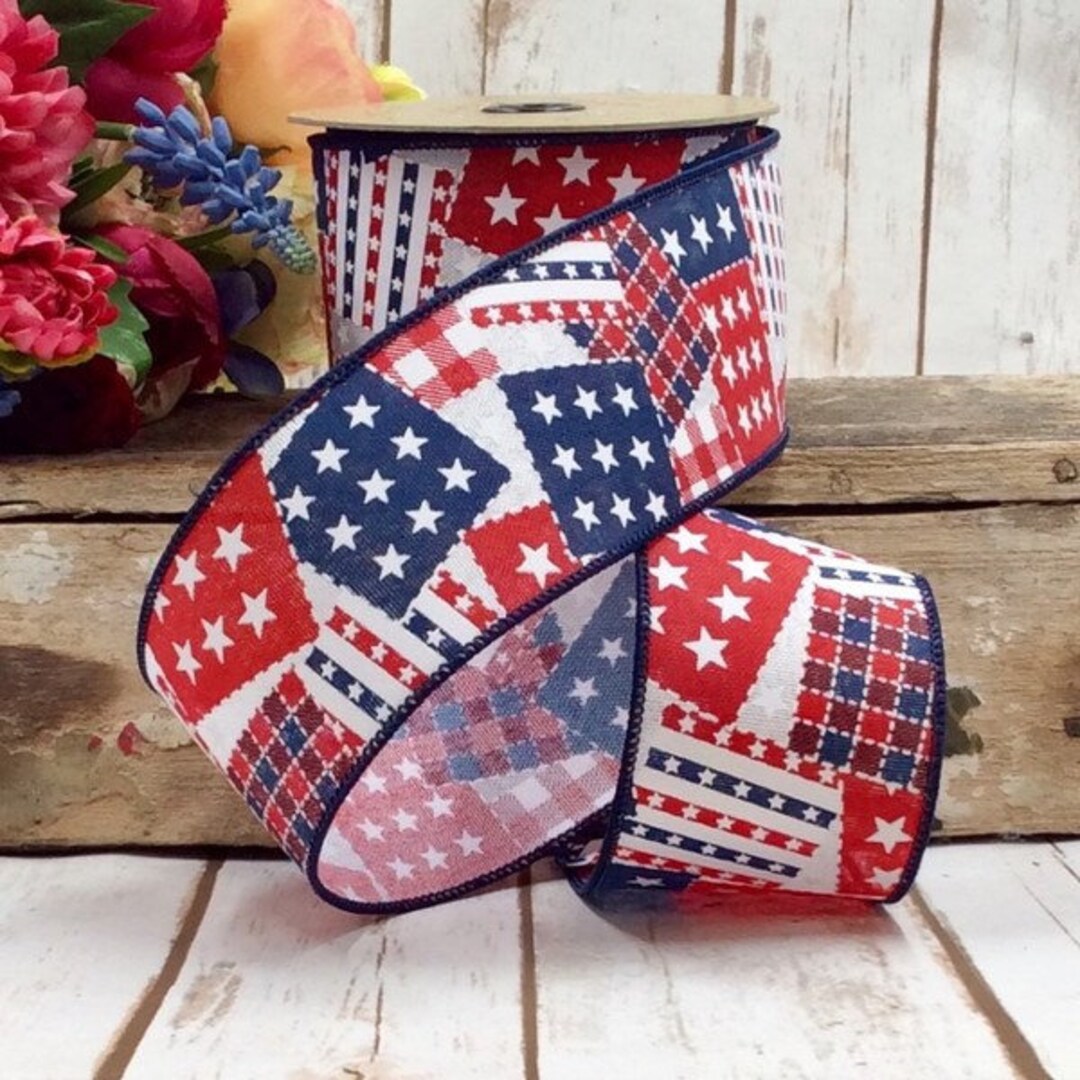 2.5 X 10 Yard Wired Poplin Patchwork Patriotic Ribbon, D.stevens Ribbon ...