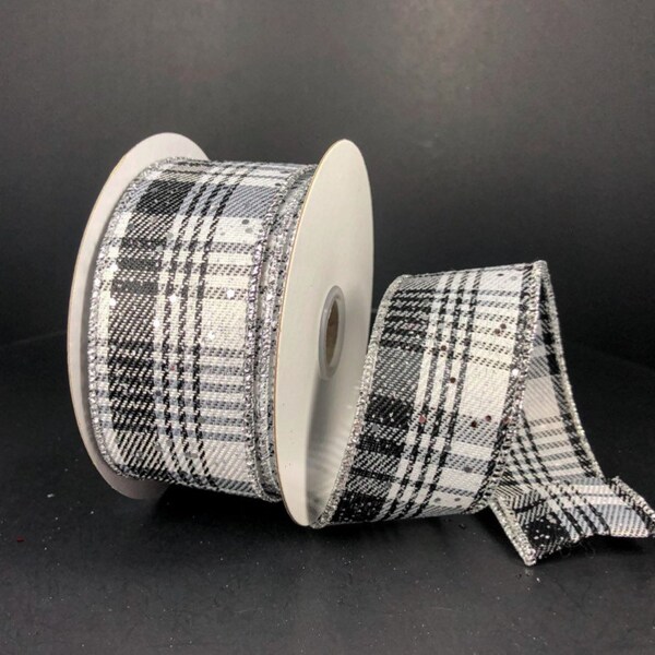 1.5” x 10 YD wired Christmas plaid ribbon, black and white glitter plaid, 78105-09-21