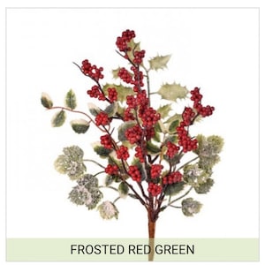 May include: Frosted red and green berry sprig with holly leaves.  The berries are red and the leaves are green with a white frosted finish.  The sprig is perfect for adding a touch of winter cheer to your home decor.