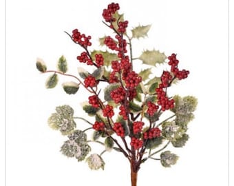 May include: Frosted red and green berry sprig with holly leaves.  The berries are red and the leaves are green with a white frosted finish.  The sprig is perfect for adding a touch of winter cheer to your home decor.