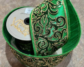 4" x 5 yards, WIRED, Green metallic dupion, with sequin green acanthus edged in gold, and green back, d. Stevens, 05-2118
