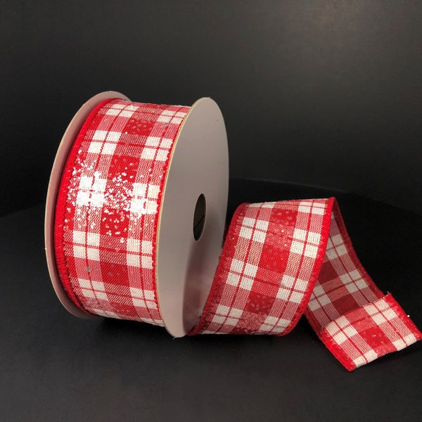 1.5” x 10 YD wired Christmas frosted glitter plaid in red & white ribbon, 71026-09-01