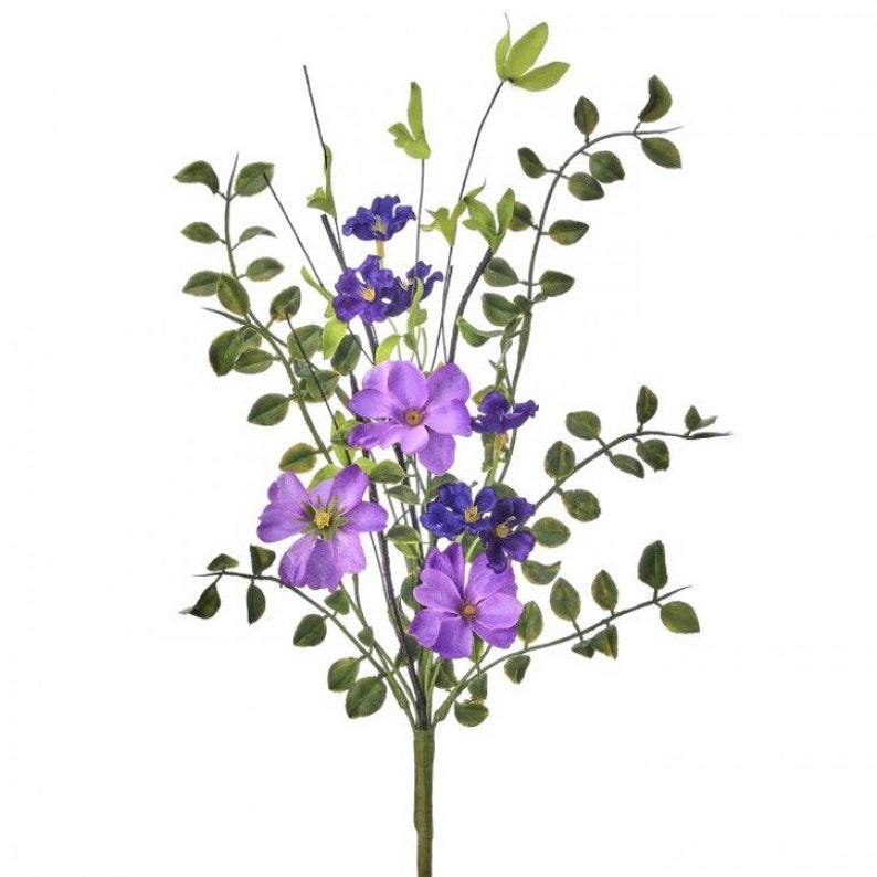 May include: A bouquet of artificial flowers with purple and blue blossoms and green leaves.