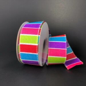 1.5” x 10 YD wired, linen purple,aqua,red,lime,pink striped ribbon, 72250-09-11