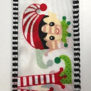 May include: White ribbon with a black and white striped border. The ribbon features a repeating pattern of colorful elves with red, green, and white hats.